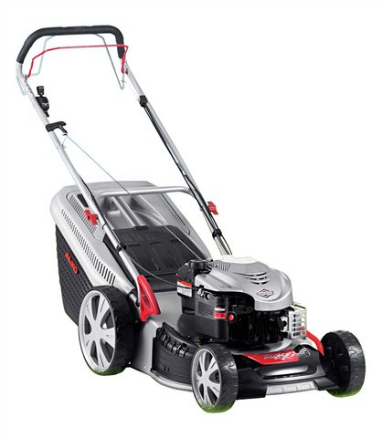 470BR Premium : New for 2010, the AL-KO Premium range offers high specification, feature packed machines with powerful engines. The 470BR Premium is a 46cm self propelled rotary mower.  : Engine  Briggs&Stratton Series 625  
Power  190cc /2.3kw  
Start Method  Recoil  
Fuel Tank Capacity  1.0 L  
Self Drive  Yes  
Cutter Deck  ULTRAMOW Steel 4 in 1  
Cutting Height  30-80mm  
Cutting Height Adjust  Central, 7 Stage  
Mulch Ready  Included  
Collector Volume  70 L  
Handles  2 Point, Foldable  
Wheels (front/rear/width)  XXL 200/280 /55 + ball bearings  
Warranty  2 year homeowner  
Weight  37kg  
Lawn Size  1400m (sq) 